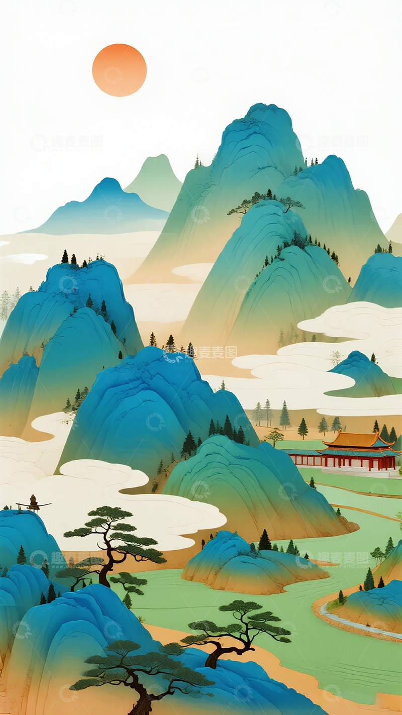 高清大图下载【趣麦麦图】山水画风景插画