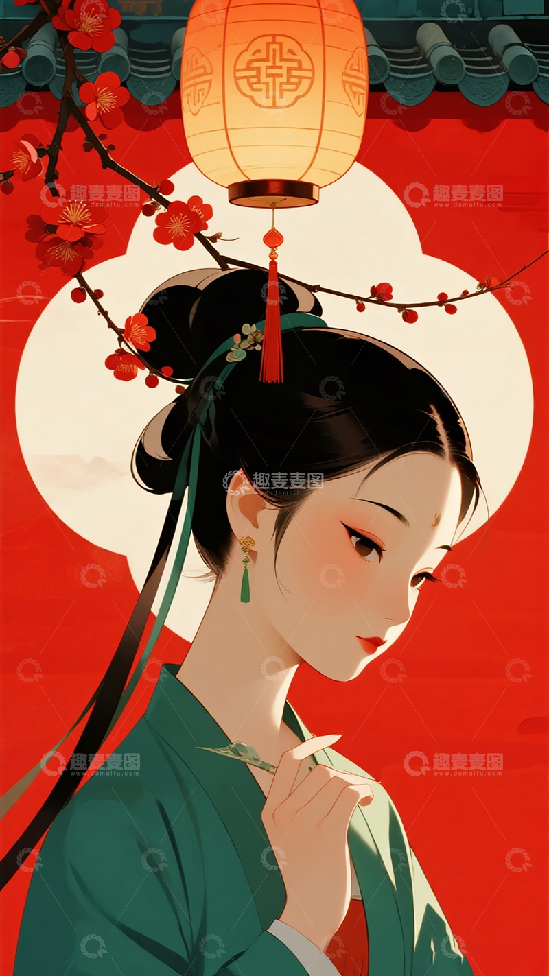 高清大图下载【趣麦麦图】传统风格女子插画梅花灯笼