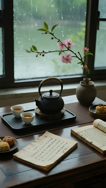中式茶室雨景品茗
