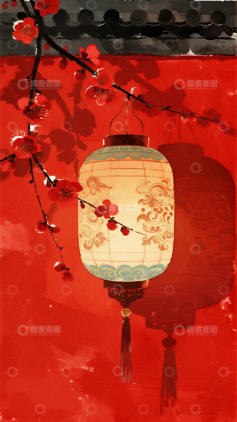 高清大图下载【趣麦麦图】中国风红灯笼梅花装饰画