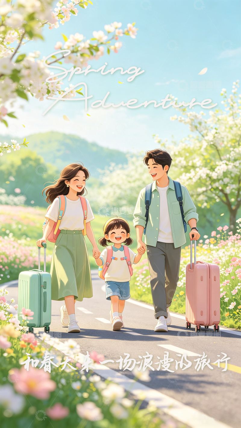 源文件下载【趣麦麦图】春日家庭旅行插画