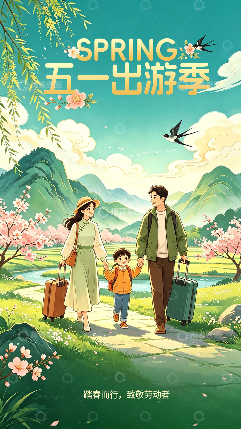 源文件下载【趣麦麦图】春日家庭游插画海报