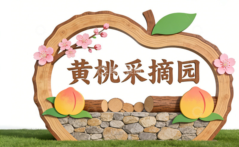 高清大图下载【趣麦麦图】木质风黄桃采摘园指示牌设计素材