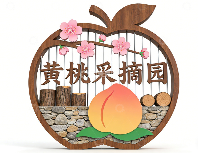 高清大图下载【趣麦麦图】苹果造型黄桃采摘园指示牌