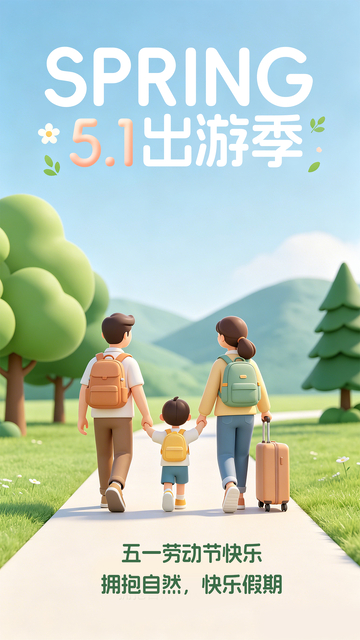 春天家庭出游插画海报