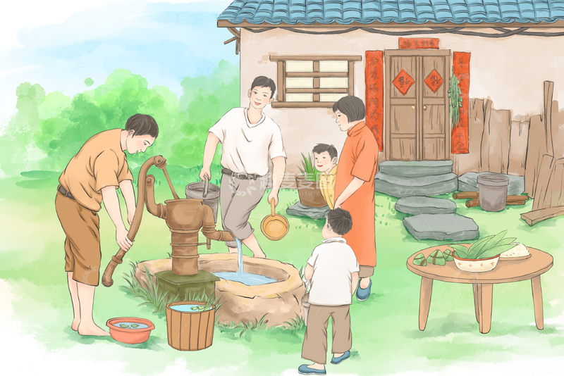 源文件下载【趣麦麦图】端午节民俗习俗打端午水乡村水井插画