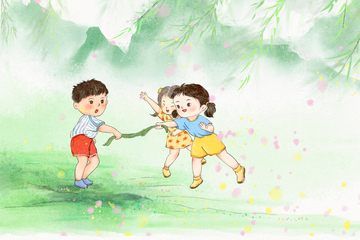 端午节斗草习俗民俗童趣水彩春游插画