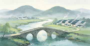 山水画乡村风光石桥风景