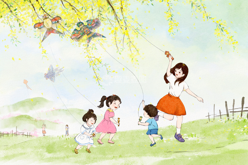 源文件下载【趣麦麦图】-端午节春日光景亲子放风筝插画