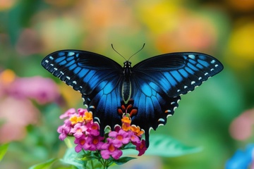 停留在花朵上的蓝色蝴蝶