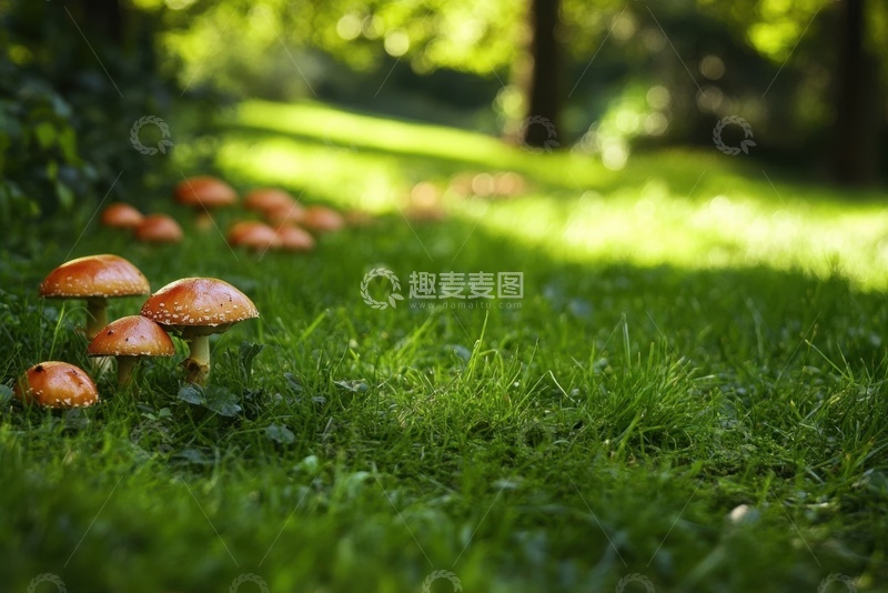 高清大图下载【趣麦麦图】绿草地上生长的黄色蘑菇