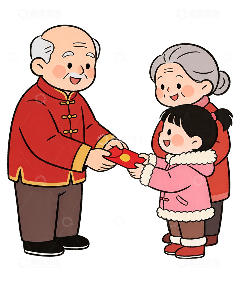 源文件下载【趣麦麦图】卡通风格老人给孙女发红包