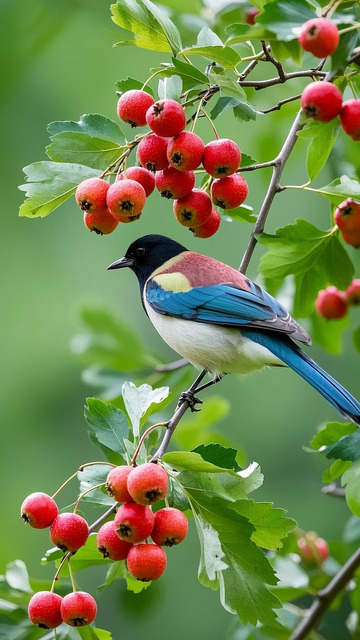 喜鹊栖枝山楂红果美景