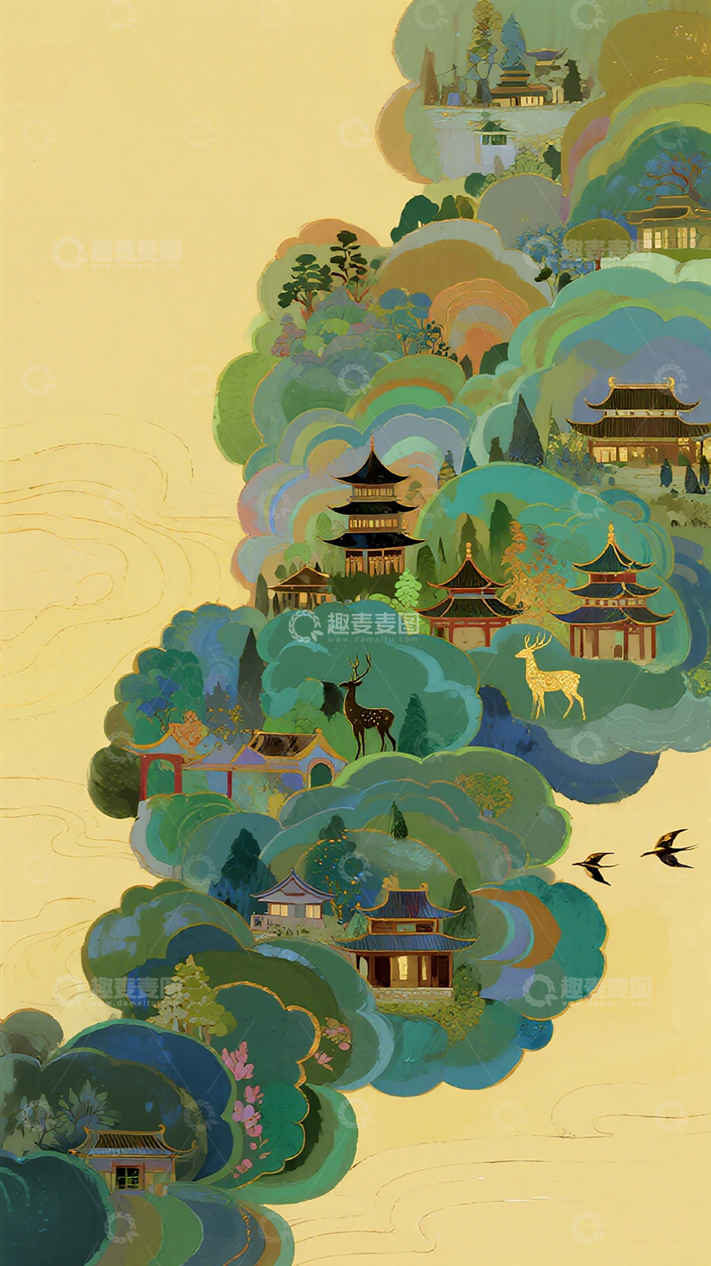 高清大图下载【趣麦麦图】古风山水建筑插画