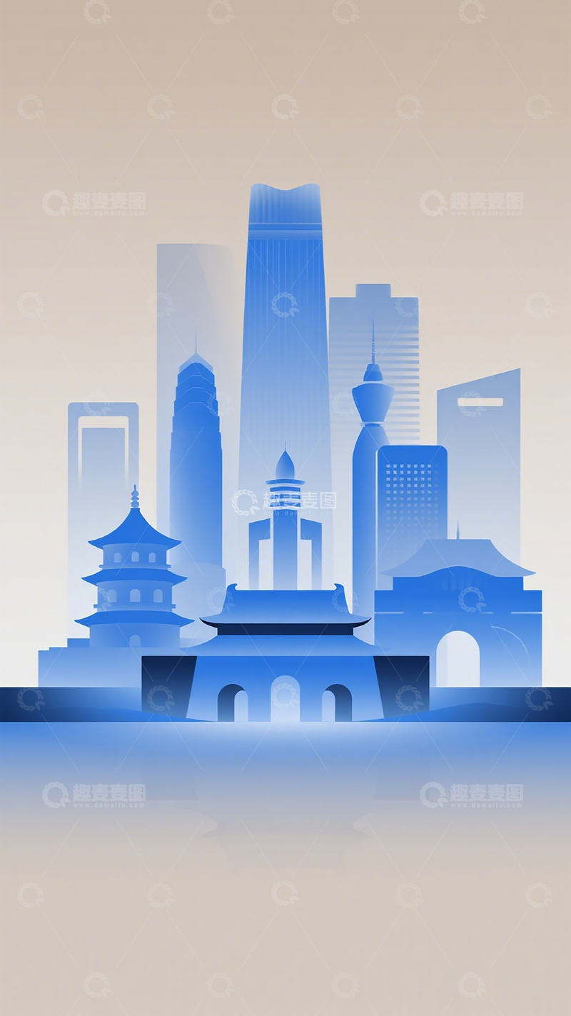 高清大图下载【趣麦麦图】蓝色城市剪影现代与传统融合