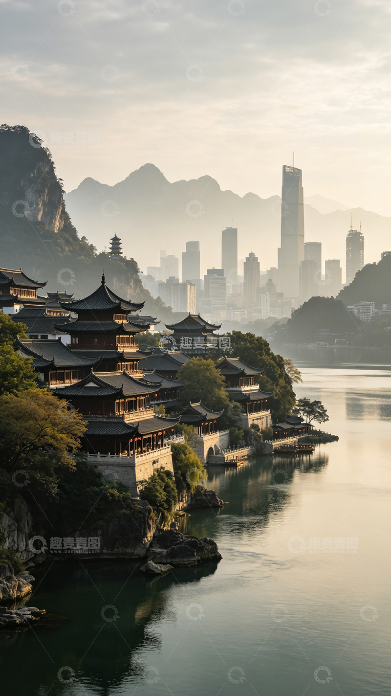高清大图下载【趣麦麦图】古风山城湖畔美景
