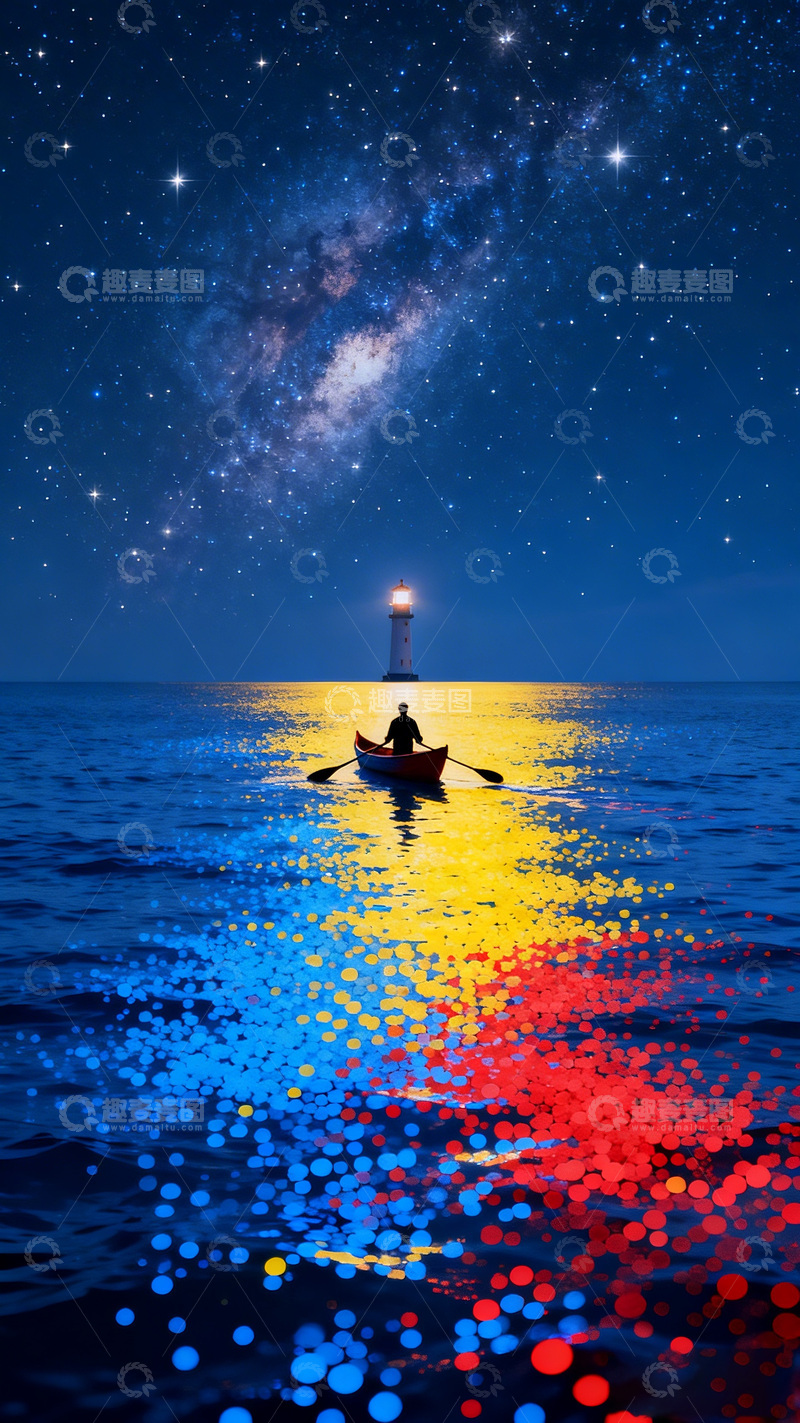 高清大图下载【趣麦麦图】星空灯塔独舟水面粉彩效果