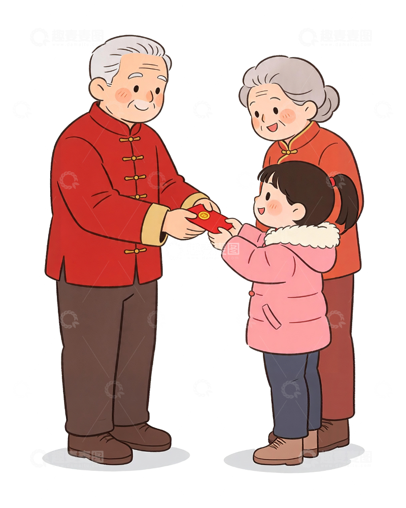 源文件下载【趣麦麦图】卡通风格老人给孙女发红包5
