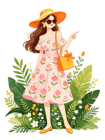 春日花园时尚女性插画免扣素材