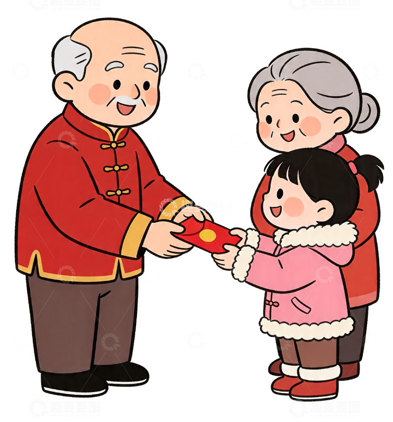 源文件下载【趣麦麦图】卡通风格老人给孙女发红包1