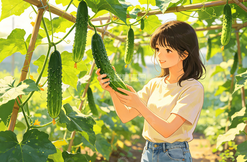 高清大图下载【趣麦麦图】黄瓜园少女采摘