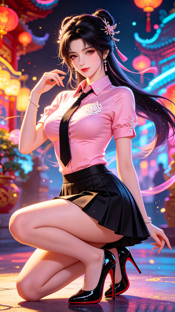 动漫风格美女跪姿都市夜景