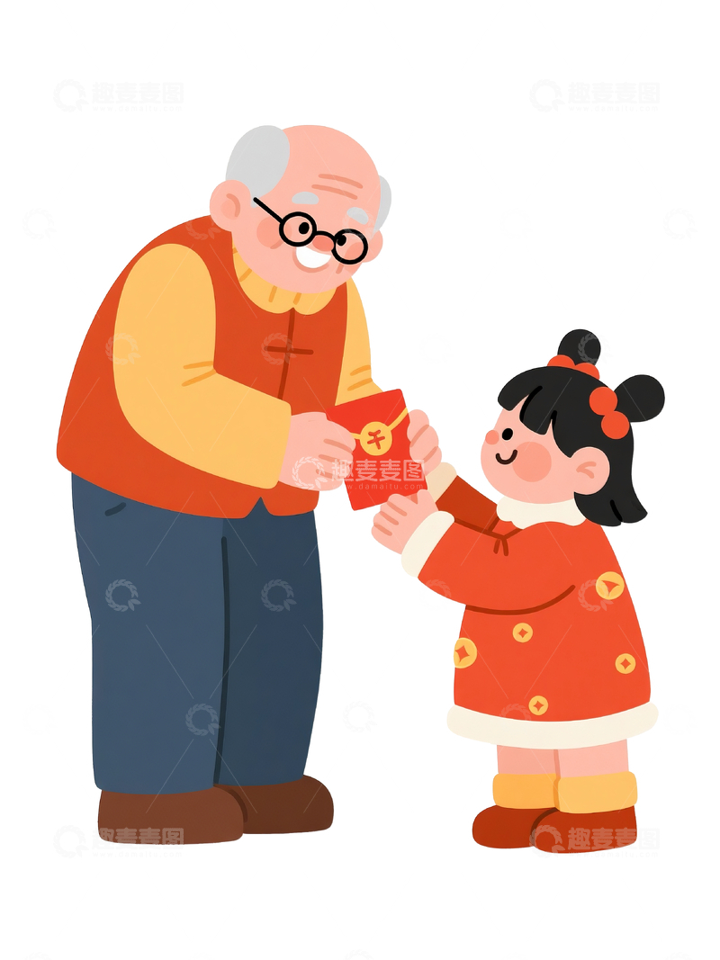 源文件下载【趣麦麦图】卡通风格老人给孙女发红包6