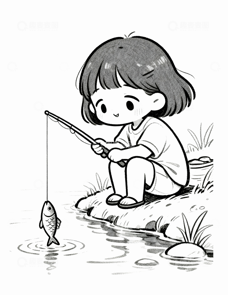 源文件下载【趣麦麦图】纯线稿钓鱼的小女孩2