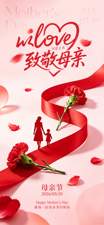 红色丝带康乃馨母亲节贺卡