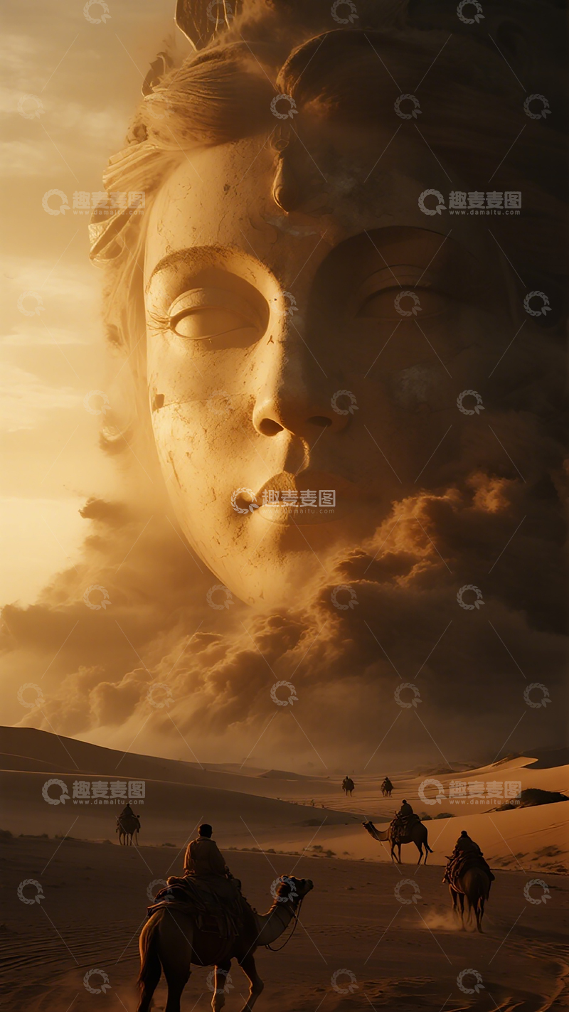 高清大图下载【趣麦麦图】沙漠巨佛黄昏骆驼行