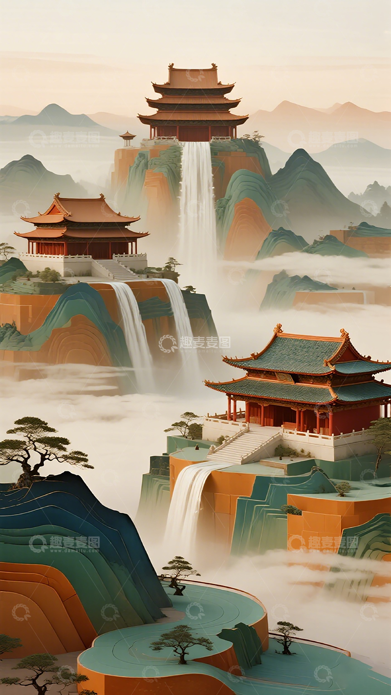 高清大图下载【趣麦麦图】古风仙境楼阁山水画卷