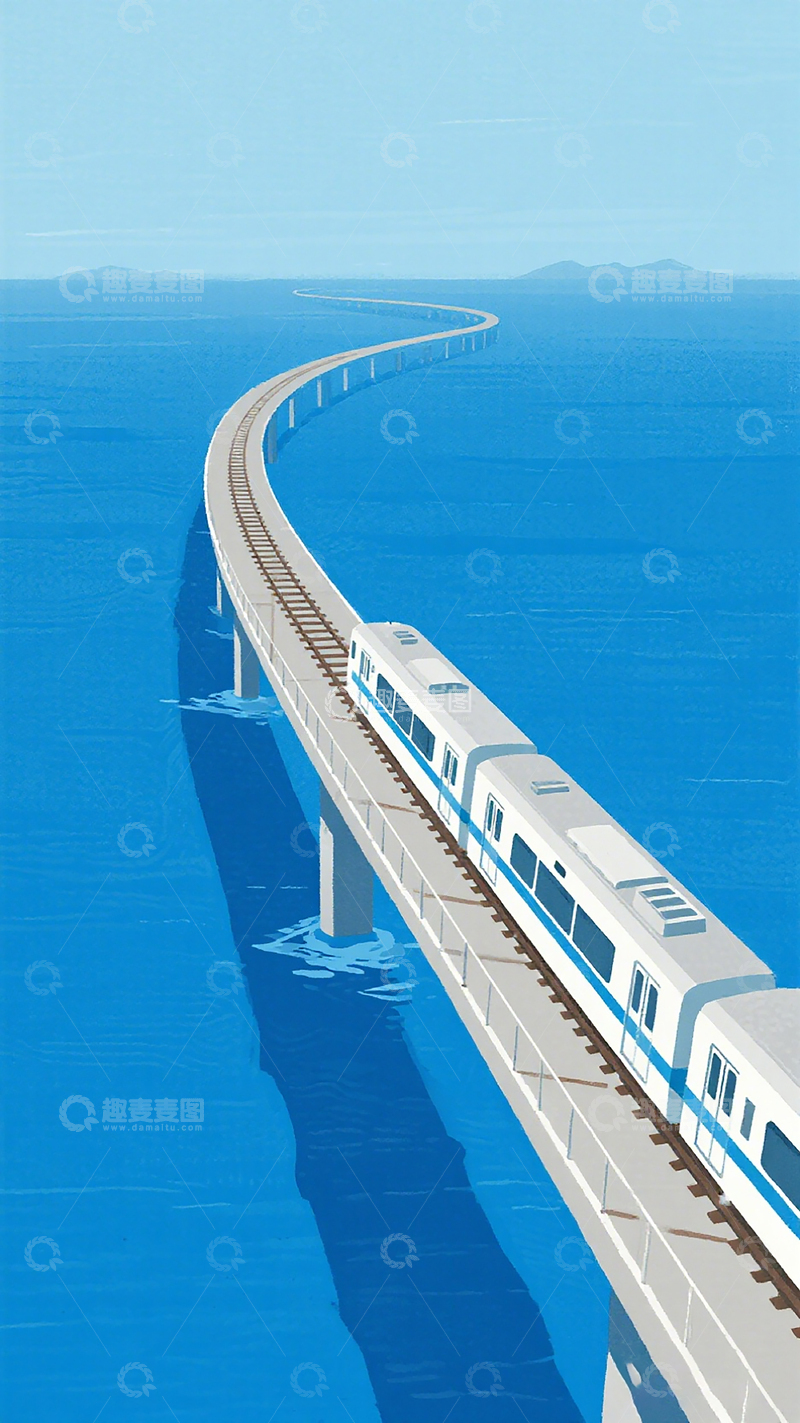 高清大图下载【趣麦麦图】跨海高铁风景插画