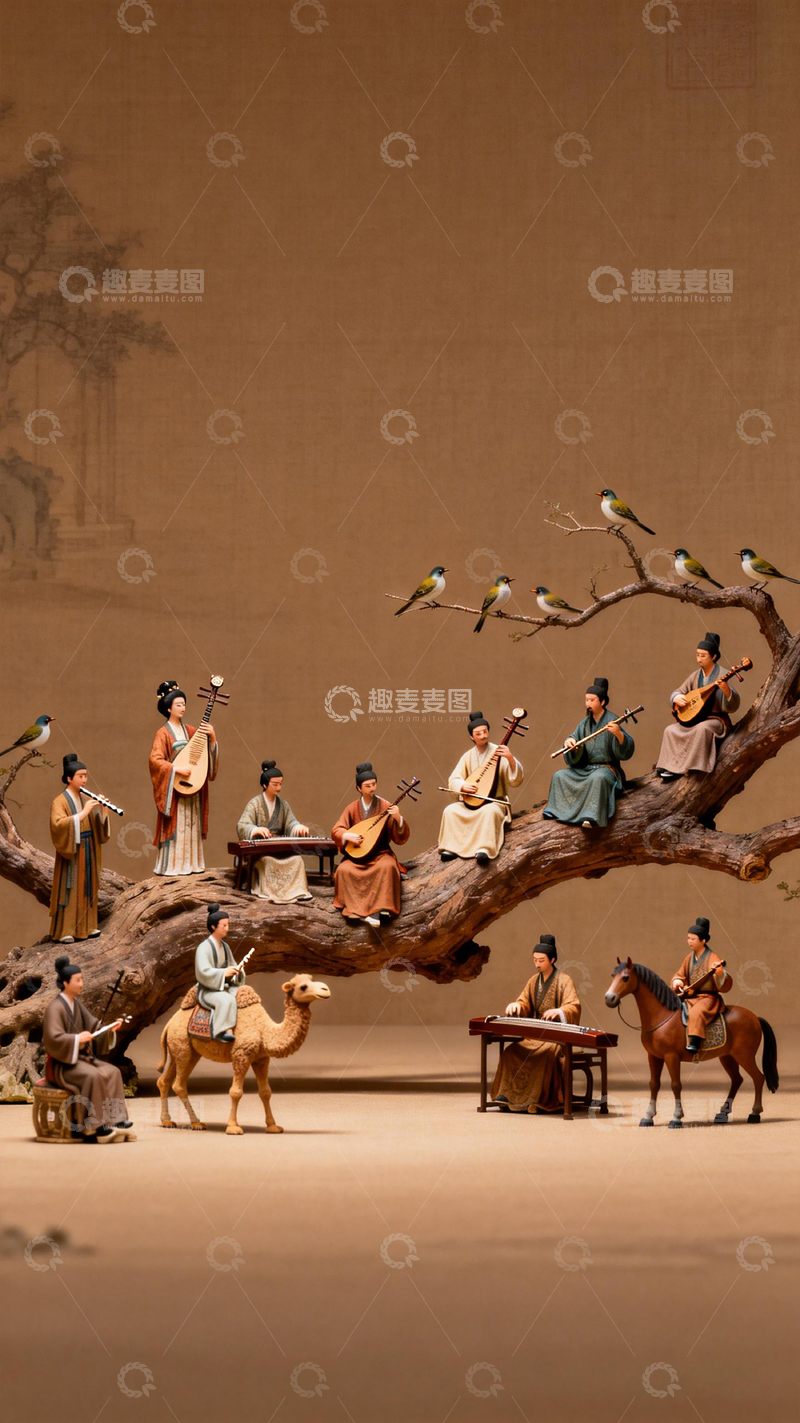 高清大图下载【趣麦麦图】古代乐师骆驼马匹树枝鸟儿场景