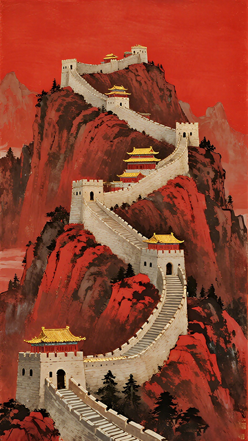 红色背景长城油画艺术作品