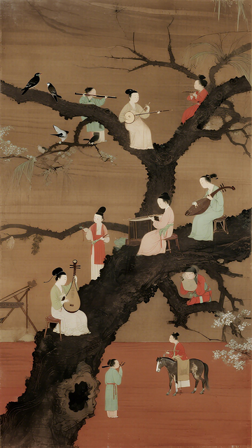 古风水墨人物树场景画