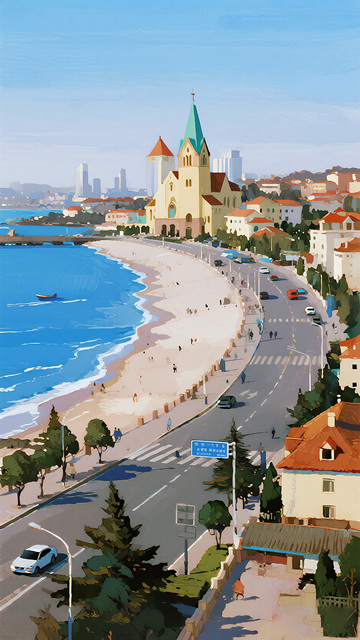 海滨教堂城市风光油画插画