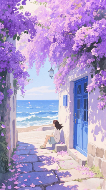 紫藤花开海边小屋