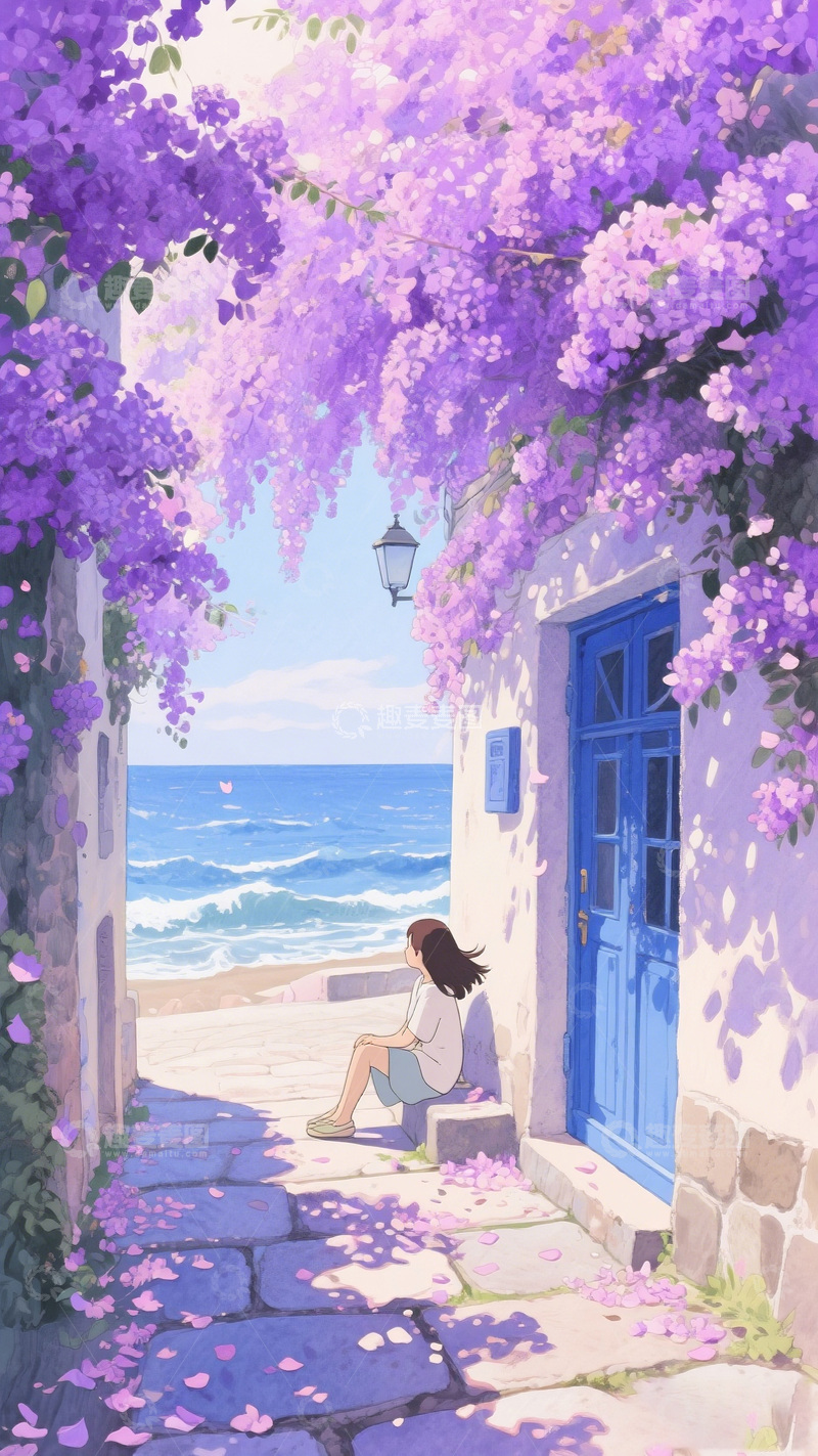 高清大图下载【趣麦麦图】紫藤花开海边小屋