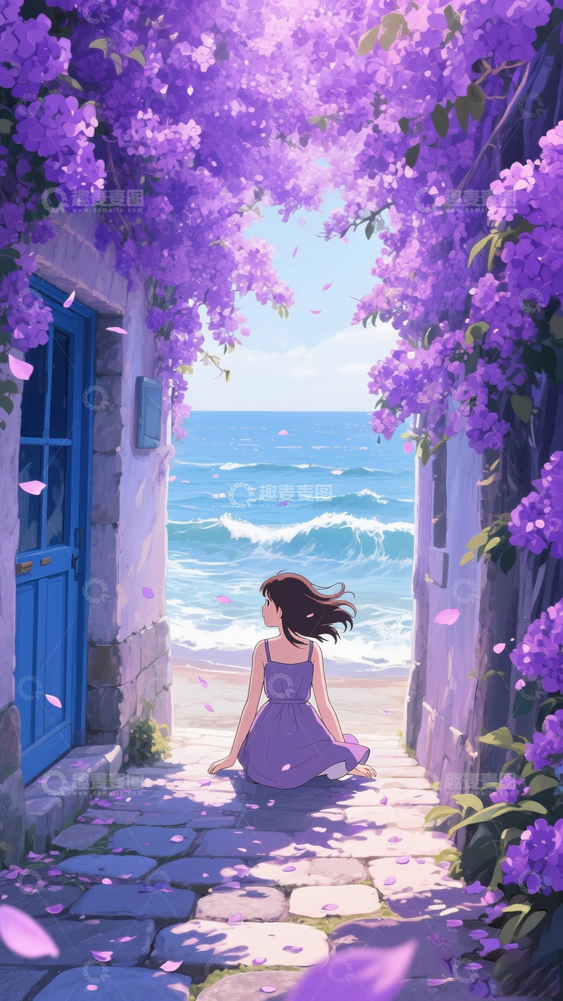 高清大图下载【趣麦麦图】动漫风花海巷道海景插画