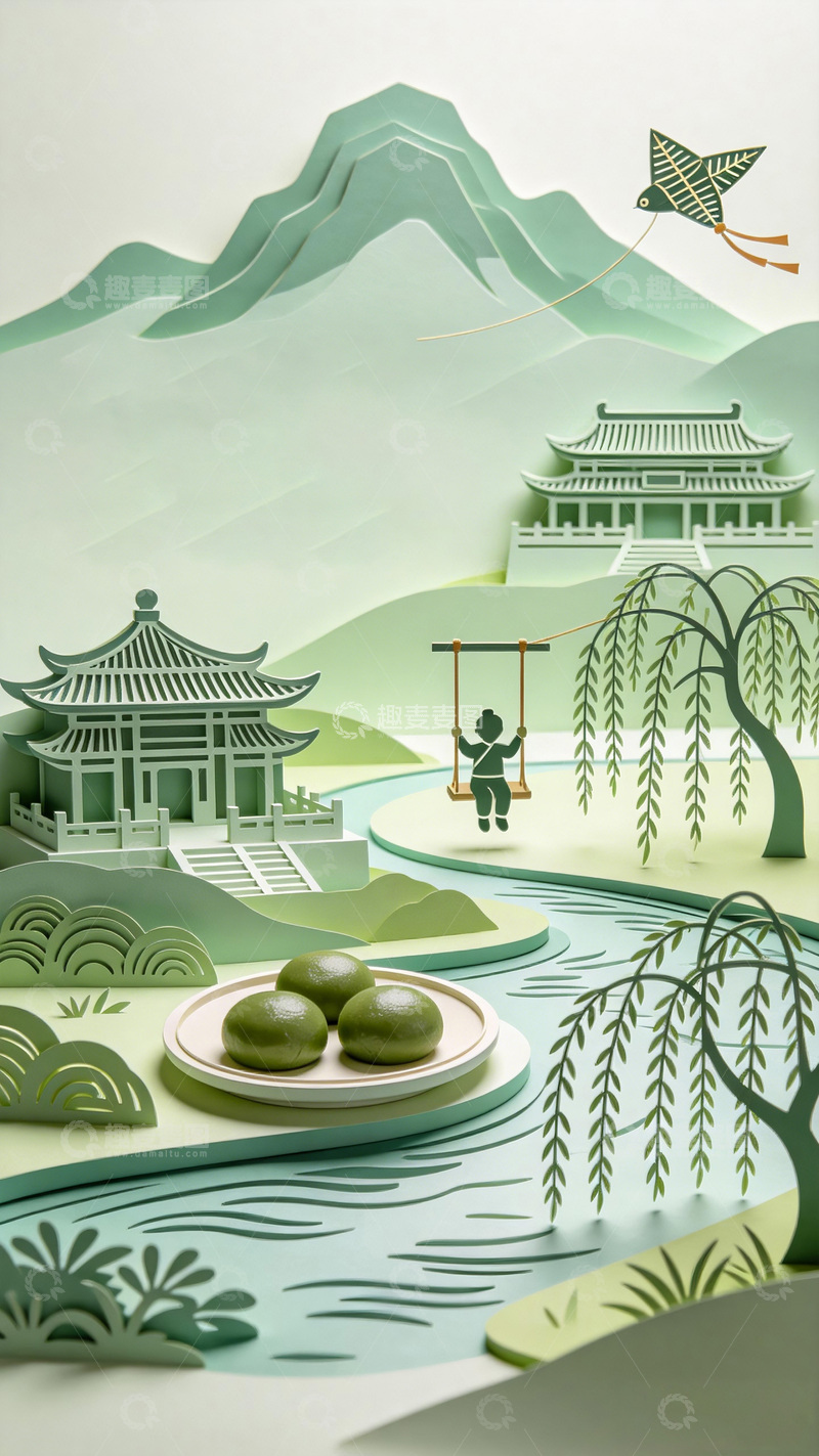 高清大图下载【趣麦麦图】剪纸风春日园林踏青美食图