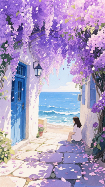 紫色花巷海边静谧