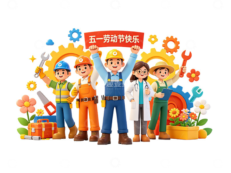 高清大图下载【趣麦麦图】卡通五一劳动节庆祝插画