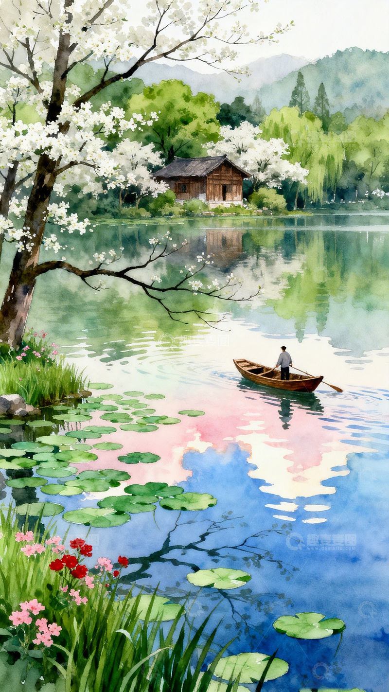 高清大图下载【趣麦麦图】水彩湖畔风景画
