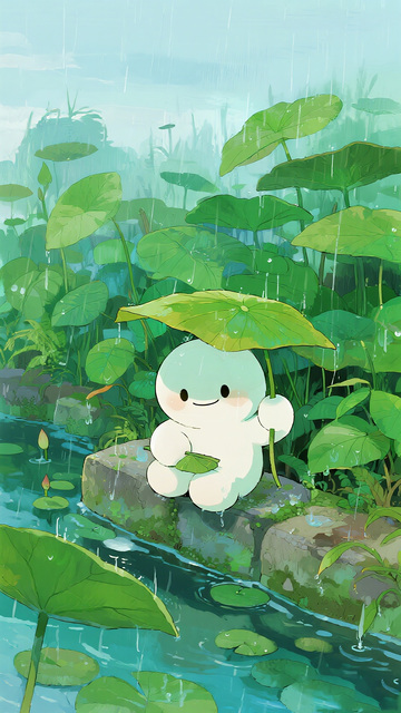 可爱卡通雨中小景插画