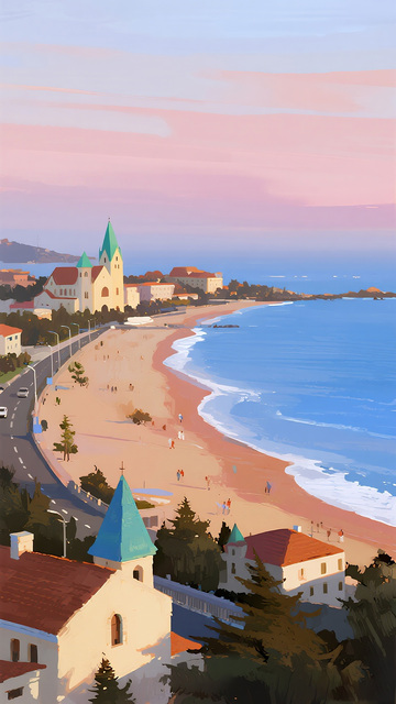 海滨小镇黄昏美景插画