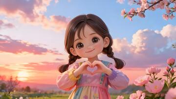 卡通少女春日樱花美景插画壁纸