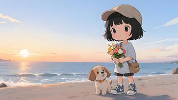 动漫日落海滩女孩与狗插画壁纸素材