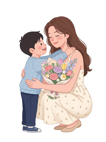 温馨母子插画母爱母亲节送花场景