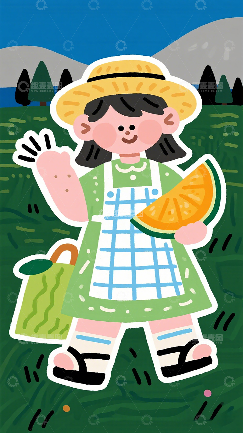 高清大图下载【趣麦麦图】卡通夏日户外女孩插画