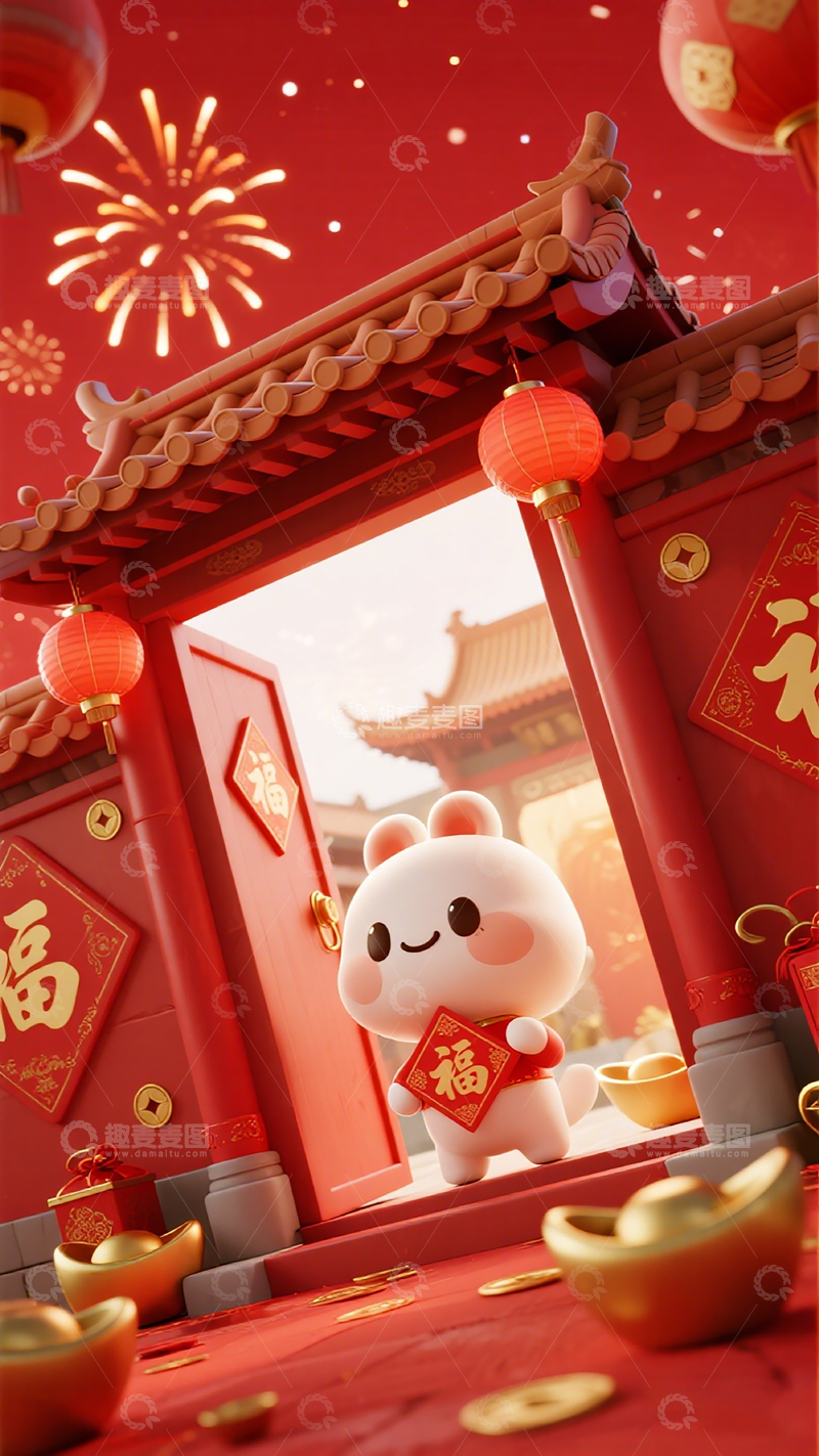高清大图下载【趣麦麦图】新年喜庆卡通兔场景插画
